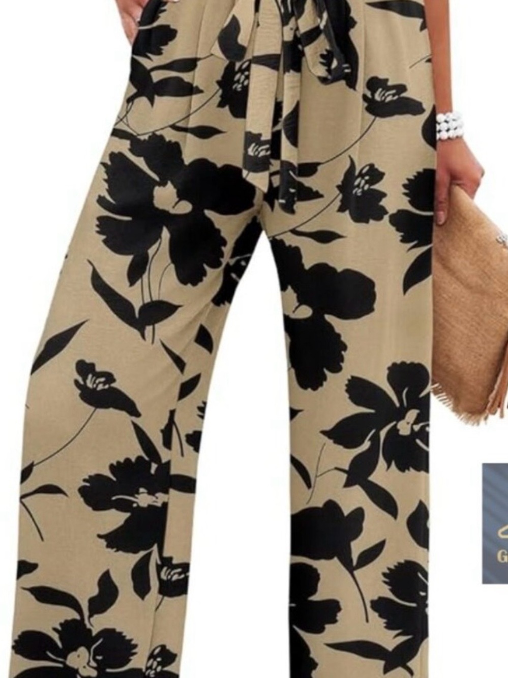Womens Floral Wide-Leg Pants - Beige & Black